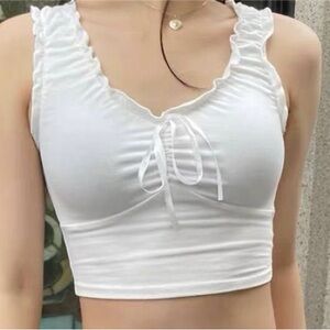 Brandy Melville White Ruffled Tie-Front Crop Tank Top